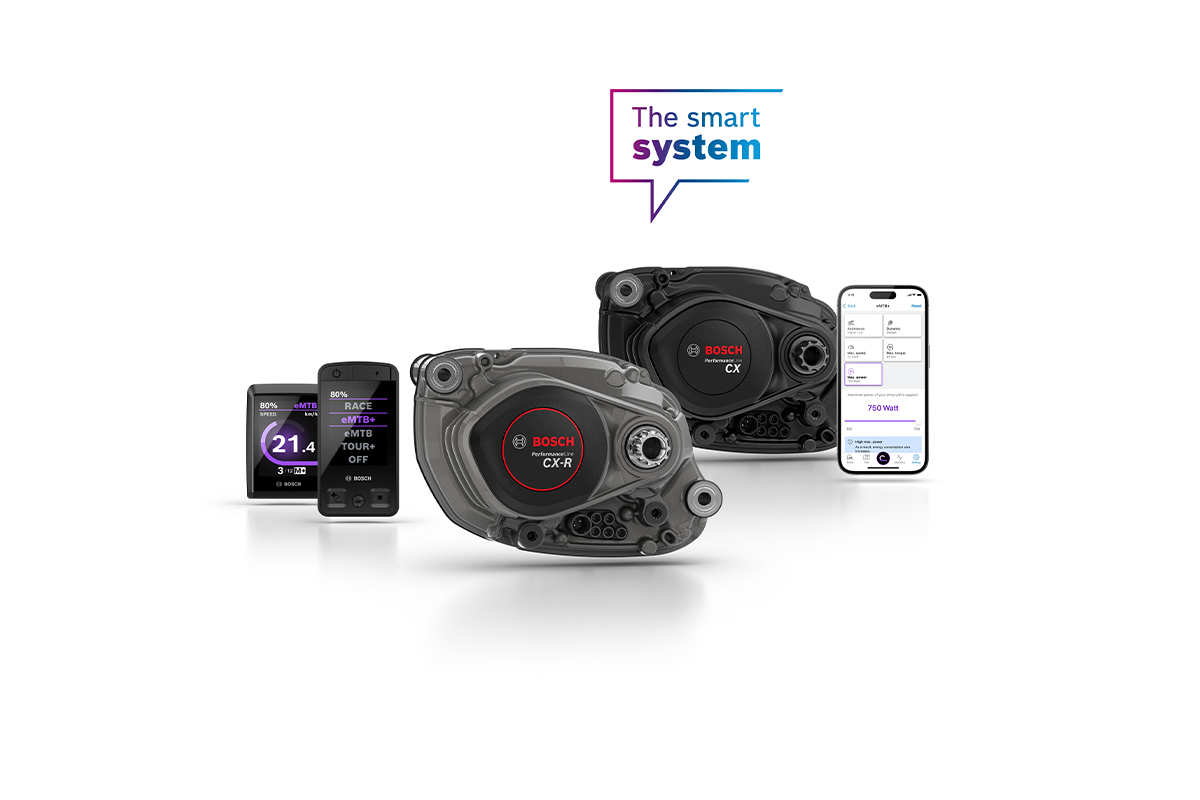 Koláž se dvěma displeji Bosch, dvěma pohonnými jednotkami a smartphonem. Nad produkty je bublina s nápisem „The smart system“.